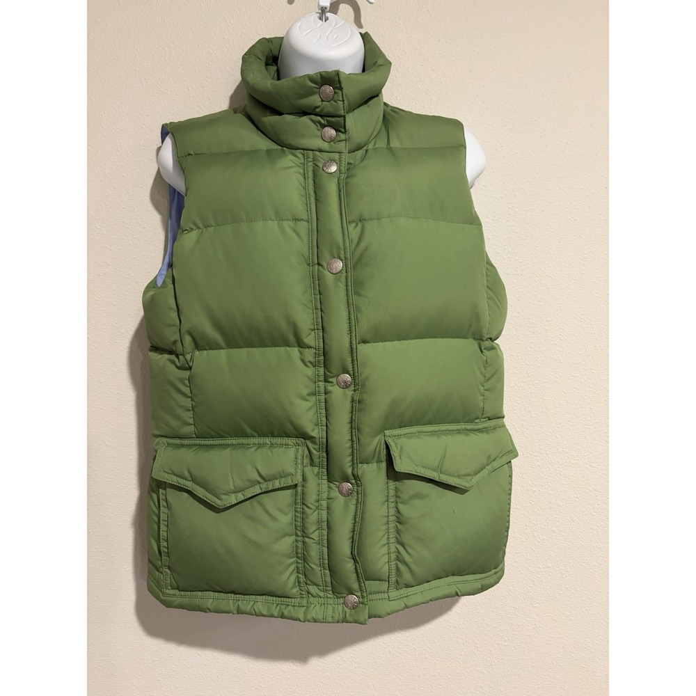 J Crew Green Puffer Down Vest ~Women's S~ Pockets Zip Up Snap Over Warm Preppy